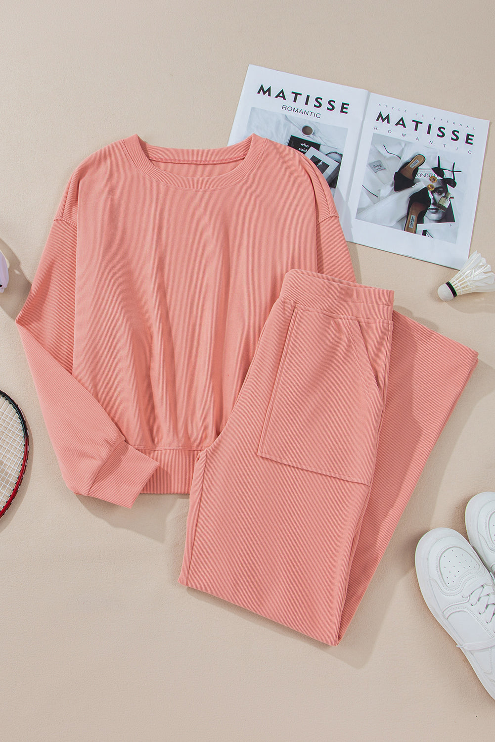 Round Neck Long Sleeve Top and Pants Set - ClassiQ