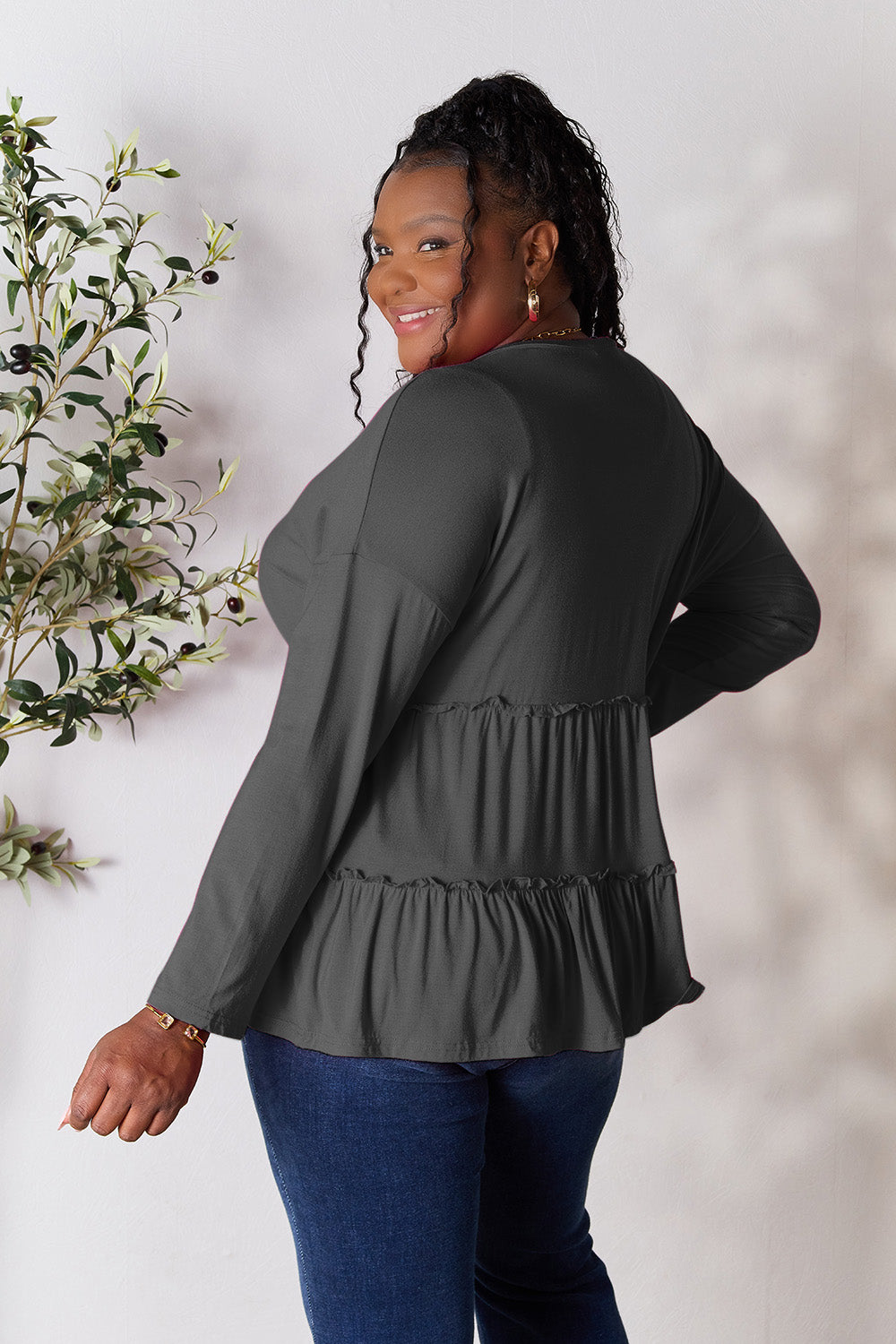 Double Take Half Button Long Sleeve Ruffle Hem Blouse - Classique Collection
