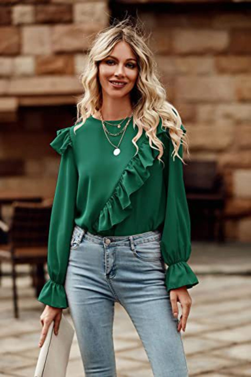 Ruffled Round Neck Long Sleeve Top - Classique Collection
