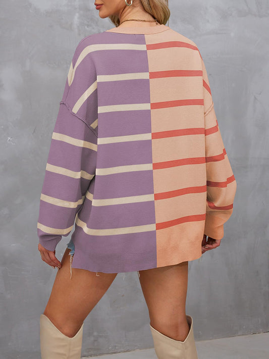 Striped Round Neck Long Sleeve Sweater - ClassiQ