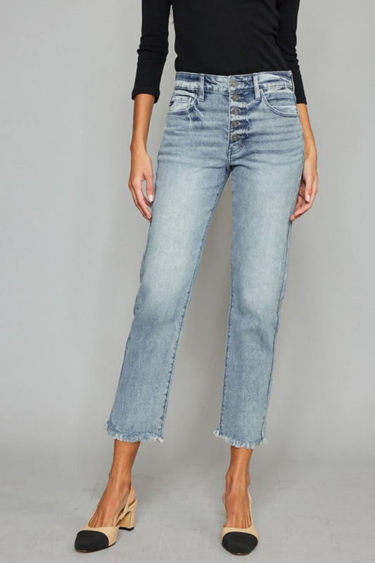 Kancan High Waist Button Fly Raw Hem Cropped Straight Jeans - ClassiQ