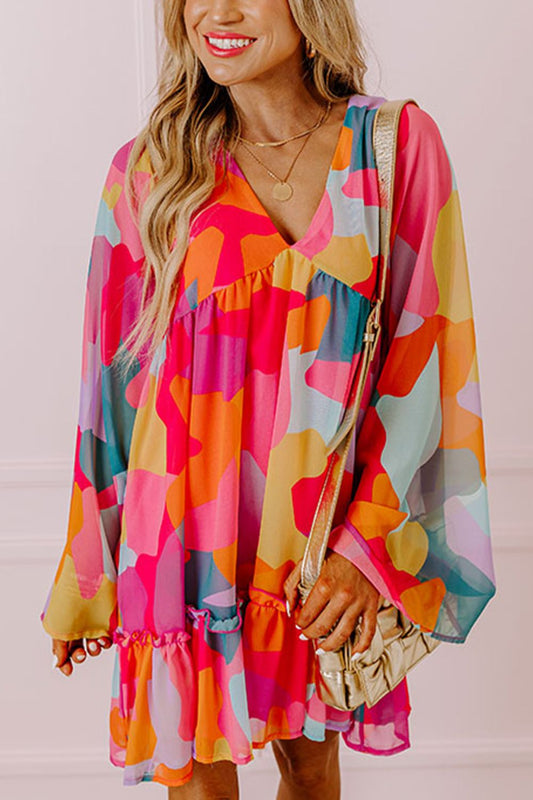 Ruffle Hem Color Block V-Neck Long Sleeve Mini Dress - Classique Collection