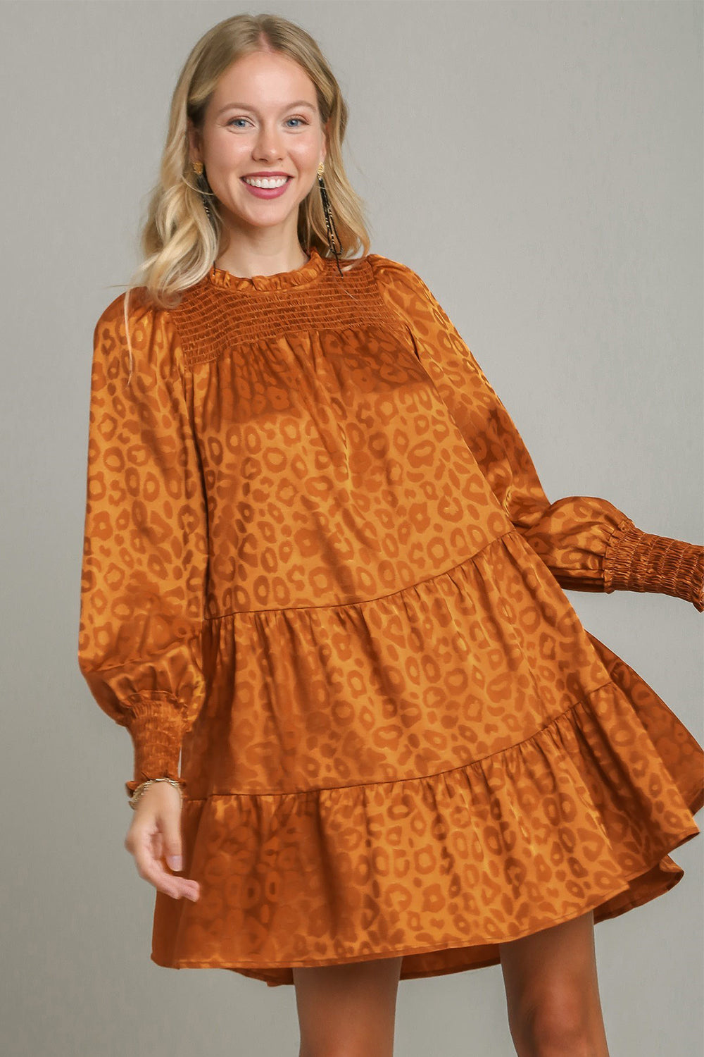 Umgee Smocked Leopard Long Sleeve Tiered Dress - Classique Collection