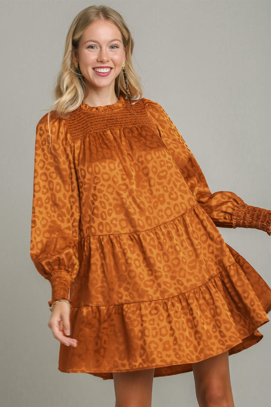 Umgee Smocked Leopard Long Sleeve Tiered Dress - Classique Collection