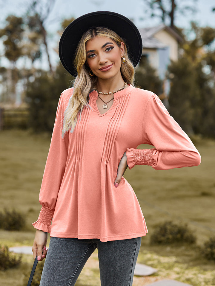 Notched Neck Flounce Sleeve Blouse - Classique Collection