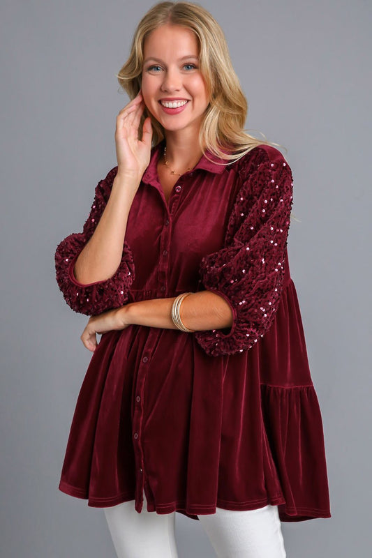 Umgee Sequin Detail Tiered Back Half Sleeve Shirt - Classique Collection