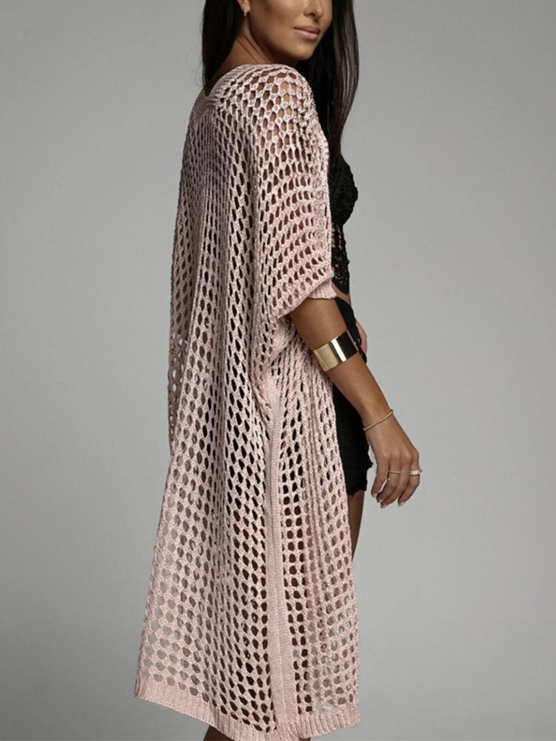 Openwork Open Front Three-Quarter Sleeve Cover Up - Classique Collection