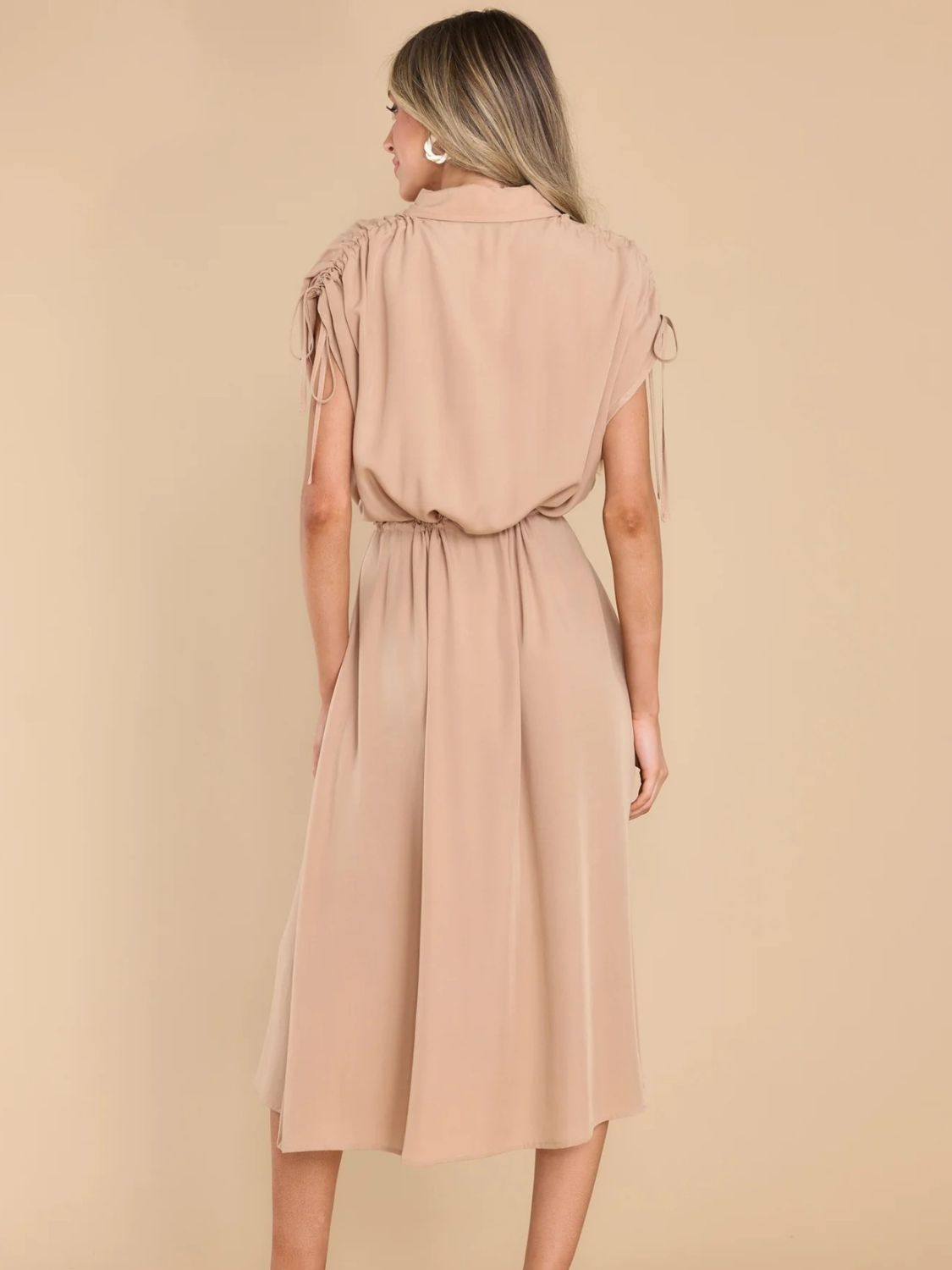 Drawstring Collared Neck Short Sleeve Midi Dress - Classique Collection