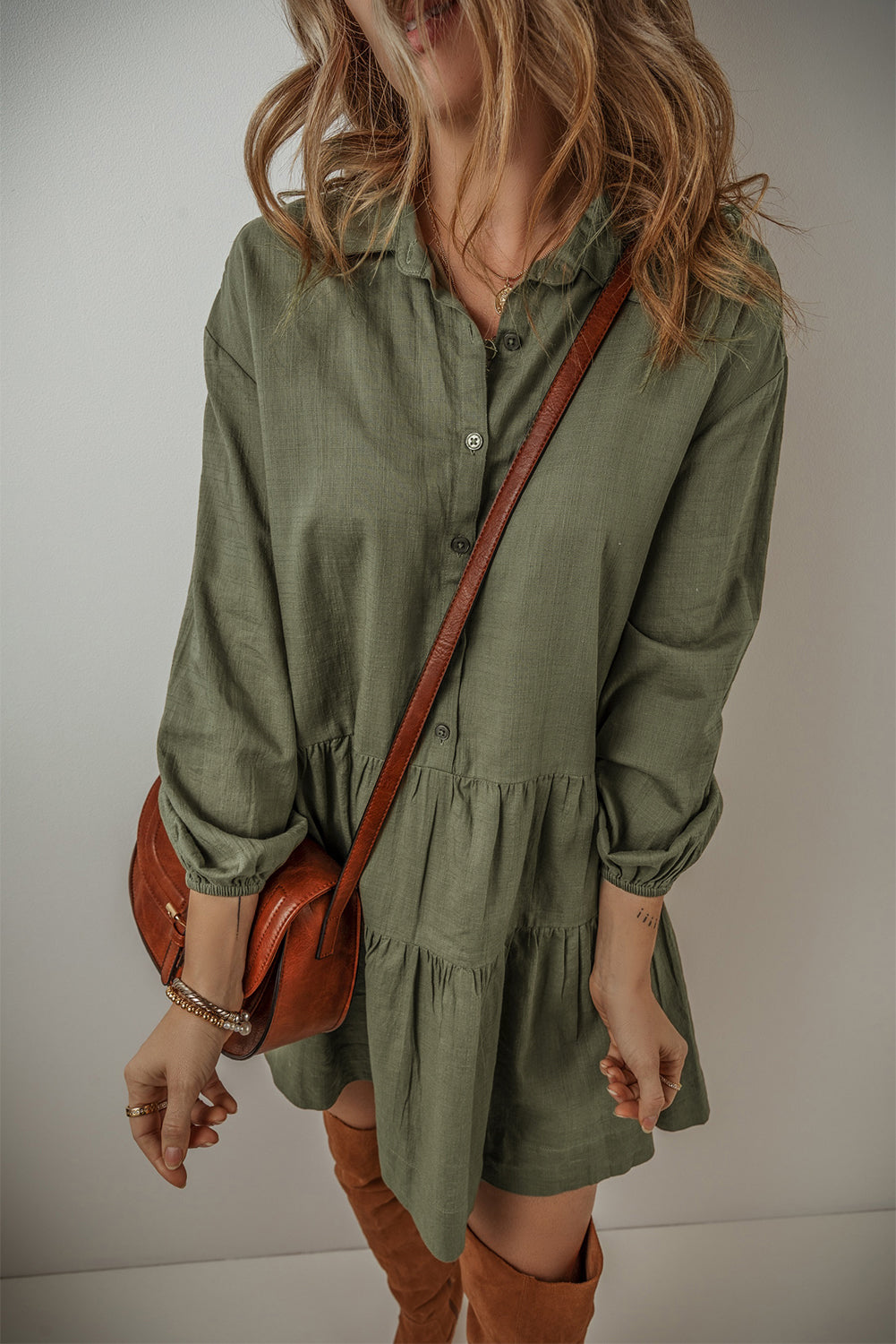 Tiered Collared Neck Balloon Sleeve Shirt Dress - Classique Collection