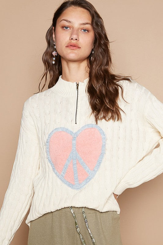 POL Cable-Knit Peace Patch Dropped Shoulder Sweater - Classique Collection