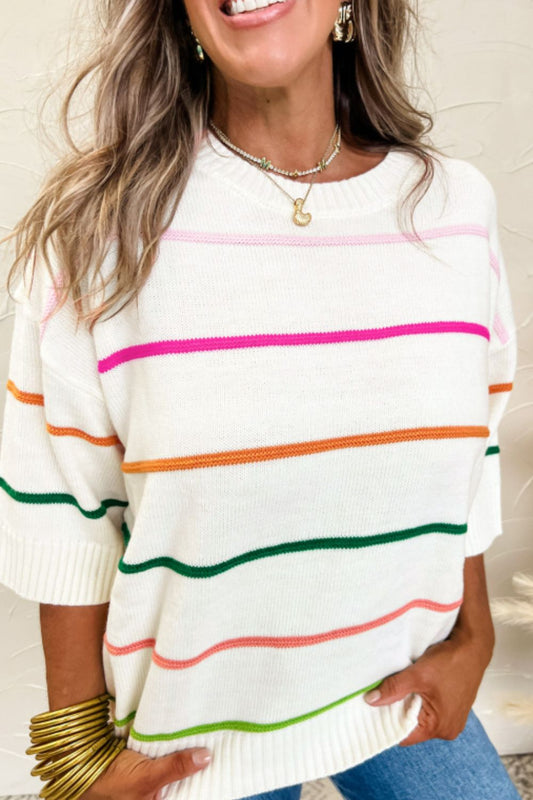 Striped Half Sleeve Drop Shoulder Sweater - Classique Collection