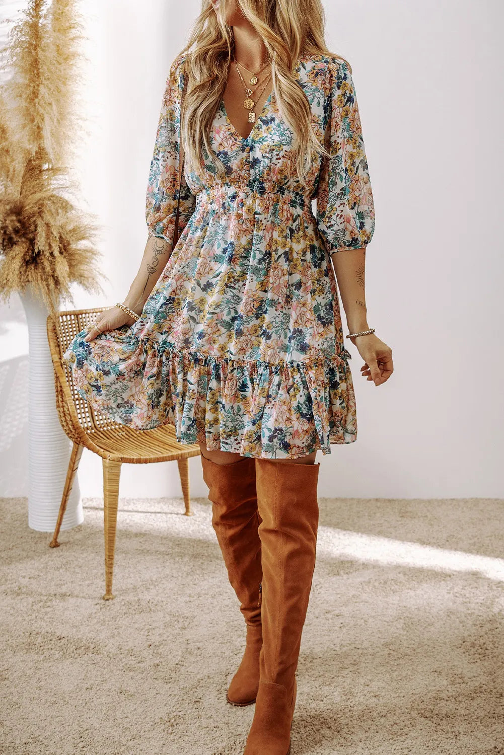Printed V-Neck Half Sleeve Dress - Classique Collection