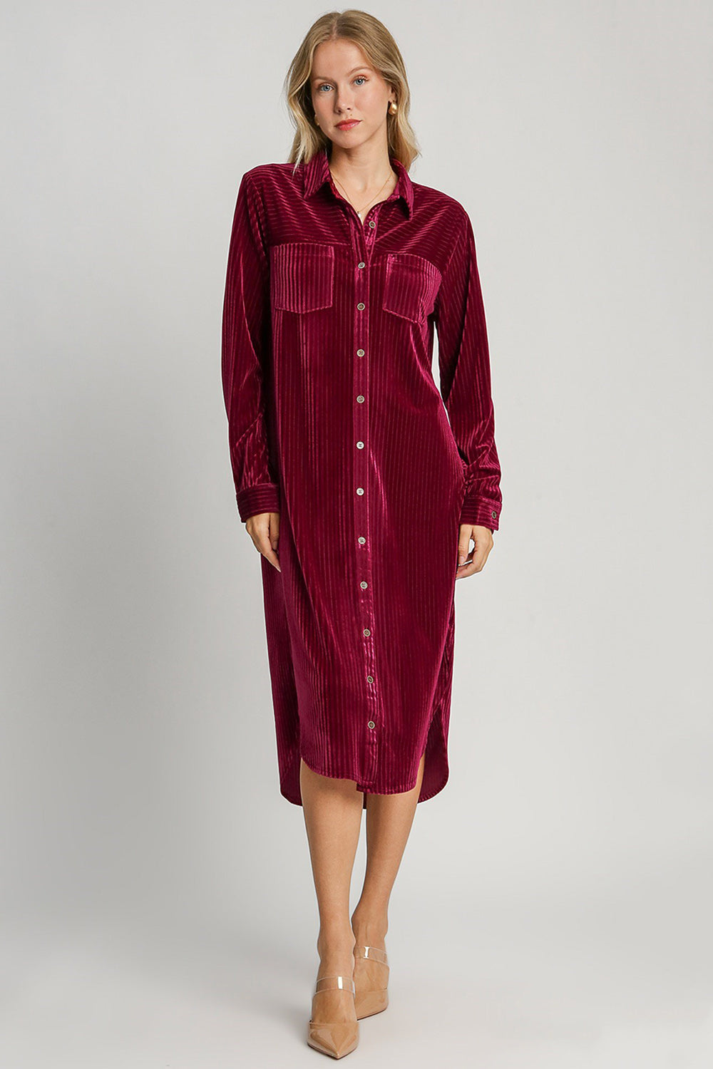 Umgee Texture Curved Hem Button Down Shirt Dress - Classique Collection