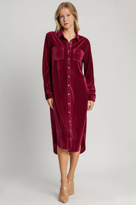 Umgee Texture Curved Hem Button Down Shirt Dress - Classique Collection