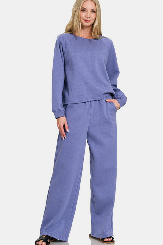 Zenana Round Neck Raglan Sleeve Top and Elastic Waist Pants Set - ClassiQ