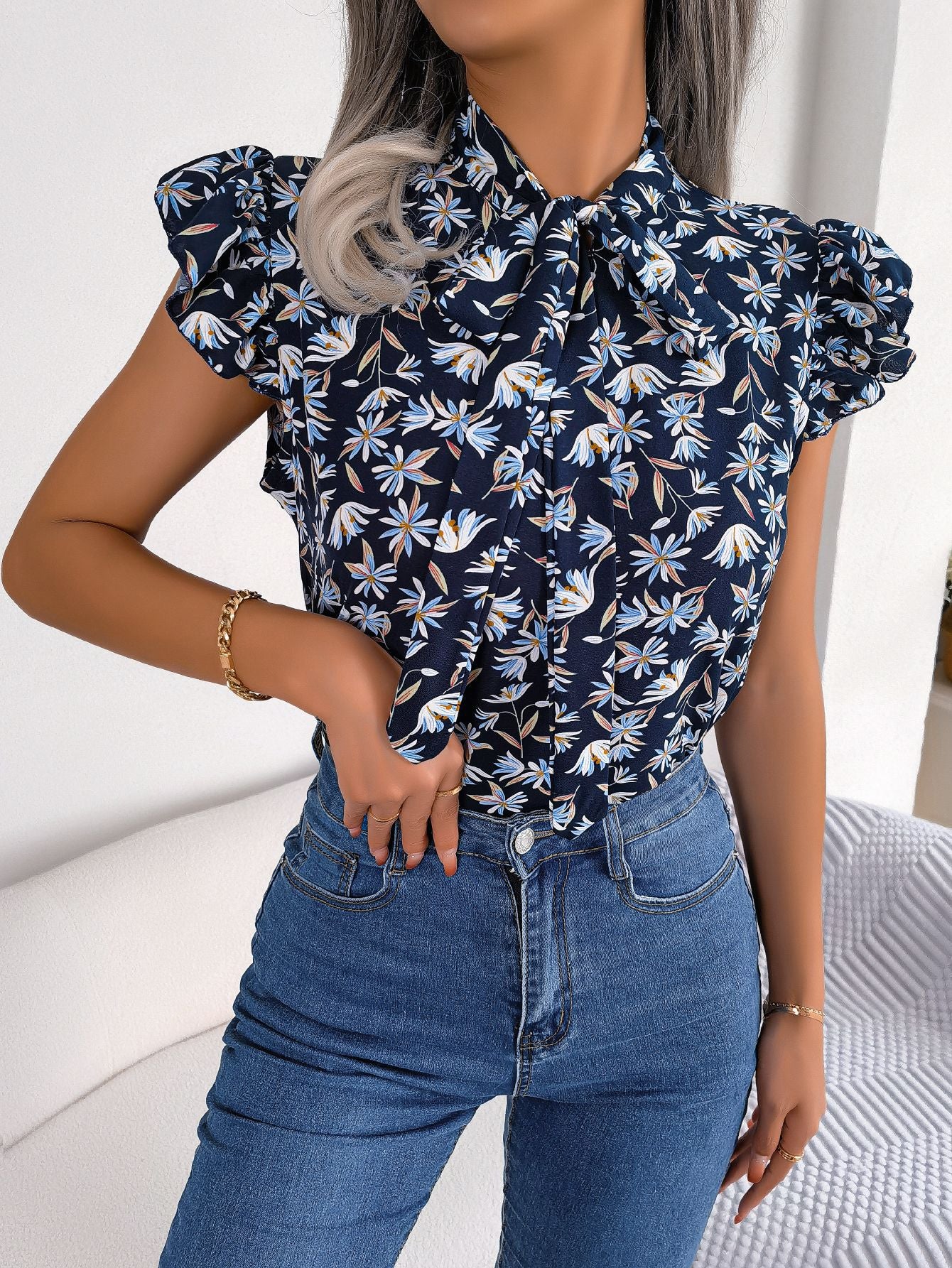 Floral Tie Neck Flutter Sleeve Blouse - Classique Collection