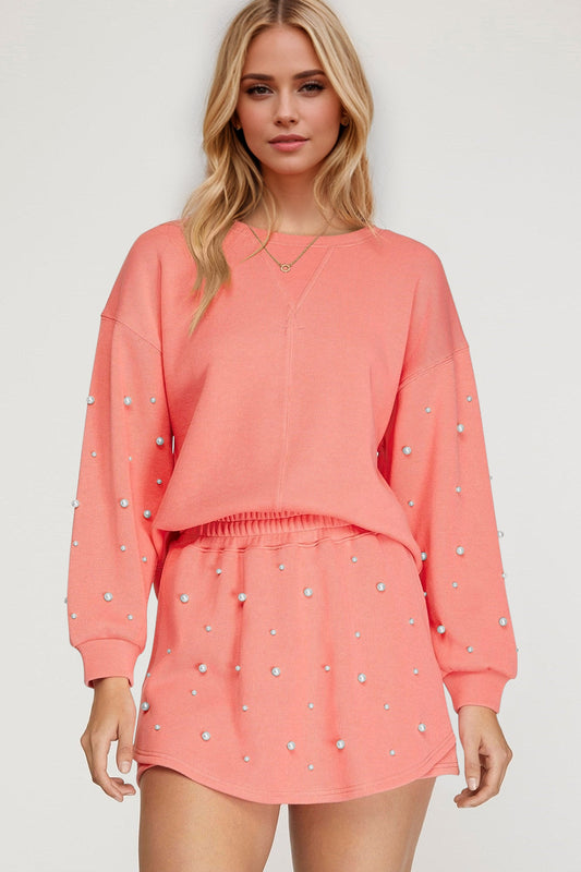 Oh Pearl Trim Round Neck Long Sleeve Top and Skirt Set - ClassiQ