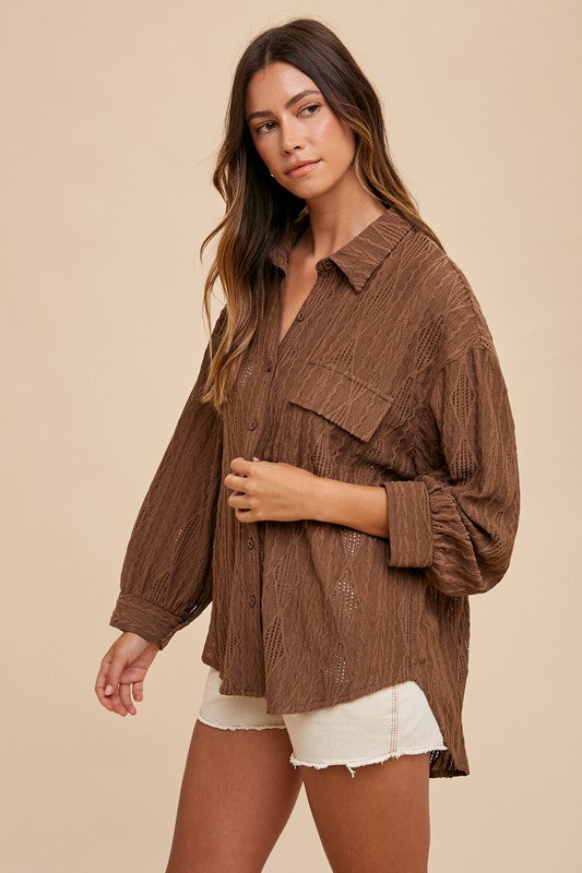Annie Wear Openwork Button Down Drop Shoulder Shirt - ClassiQ