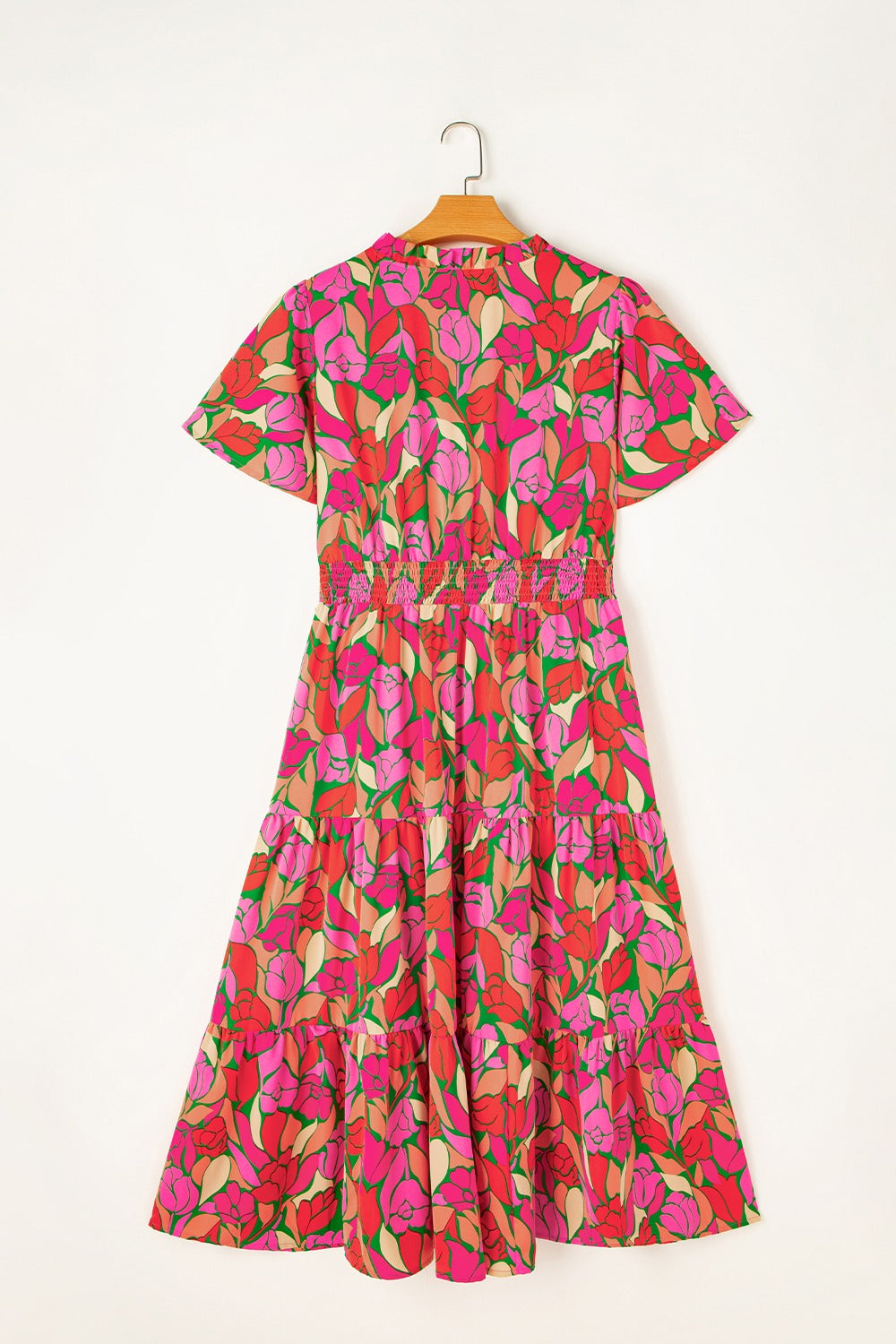 Frill Printed Notched Short Sleeve Midi Dress - Classique Collection