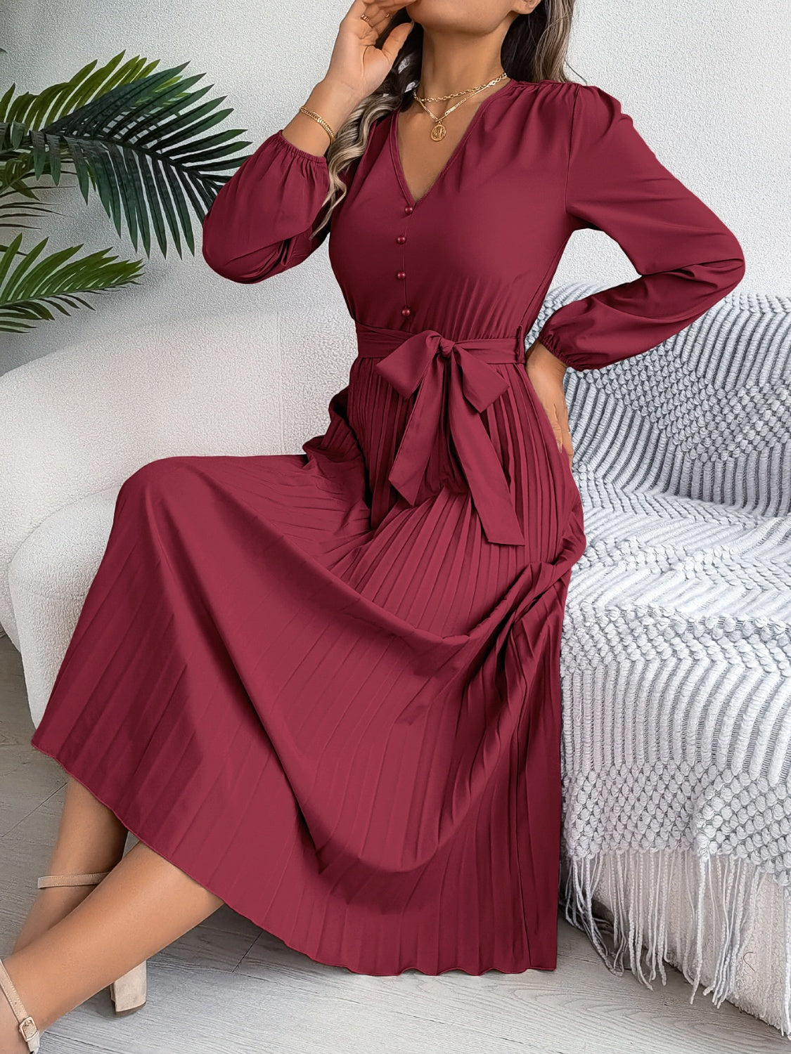 Pleated Tied V-Neck Long Sleeve Dress - Classique Collection