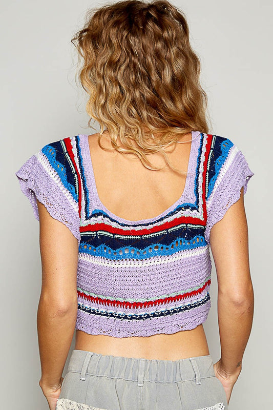 POL Openwork Ethnic Pattern Square Neck Cropped Knit Top - Classique Collection