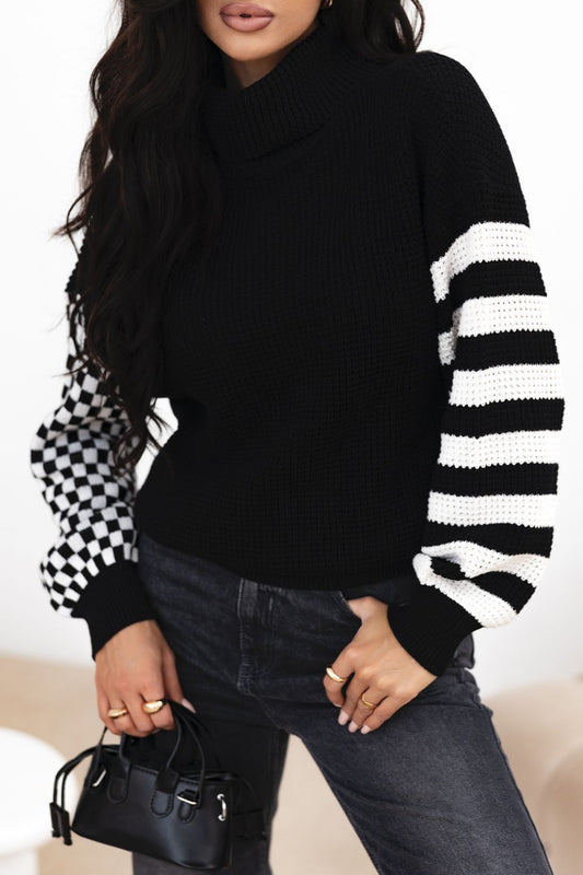 Striped & Checkered Turtleneck Dropped Shoulder Sweater - ClassiQ