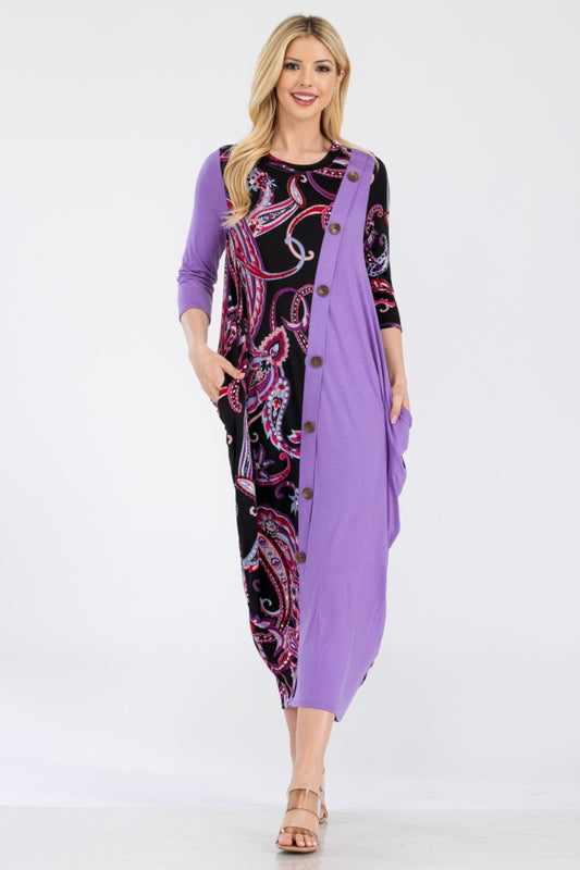 Celeste Full Size Paisley Contrast Midi Dress with Pockets - Classique Collection