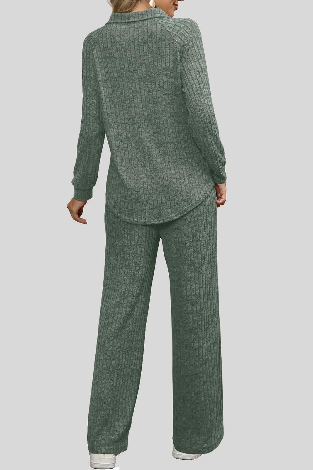 Ribbed Long Sleeve Top and Pocketed Pants Set - ClassiQ