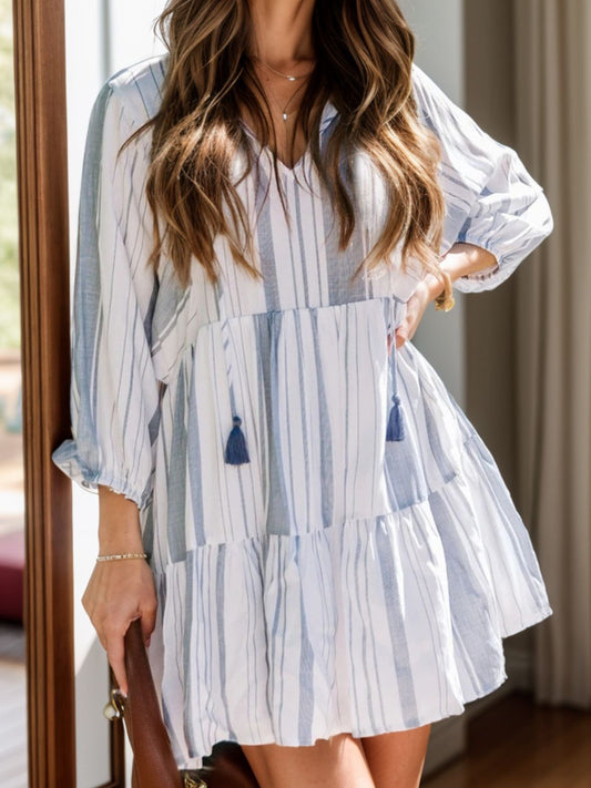 Tassel Striped Tie Neck Batwing Sleeve Dress - Classique Collection