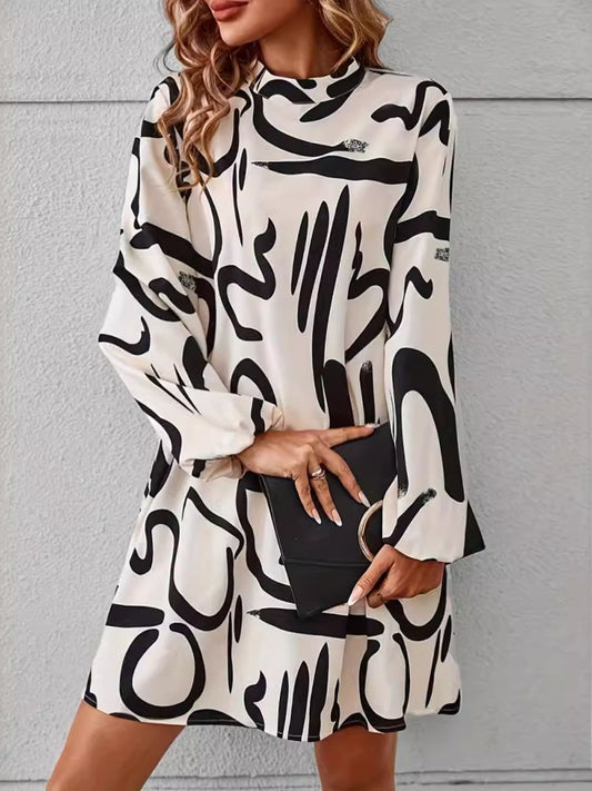 Printed Mock Neck Long Sleeve Mini Dress - Classique Collection