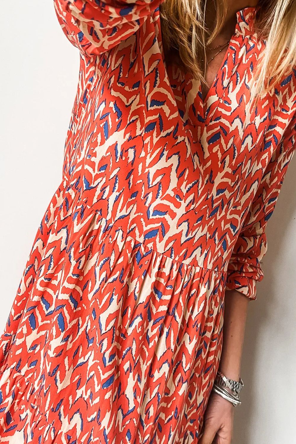 Plus Size Printed Notched Long Sleeve Dress - Classique Collection