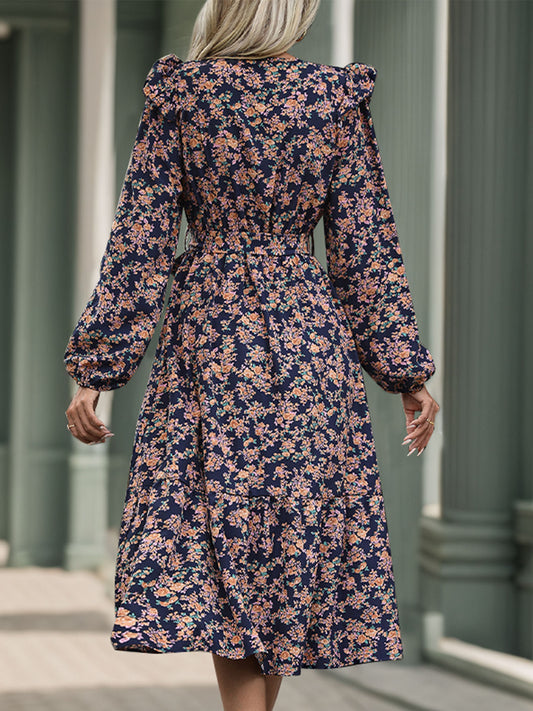 Perfee Printed Surplice Long Sleeve Midi Dress - Classique Collection