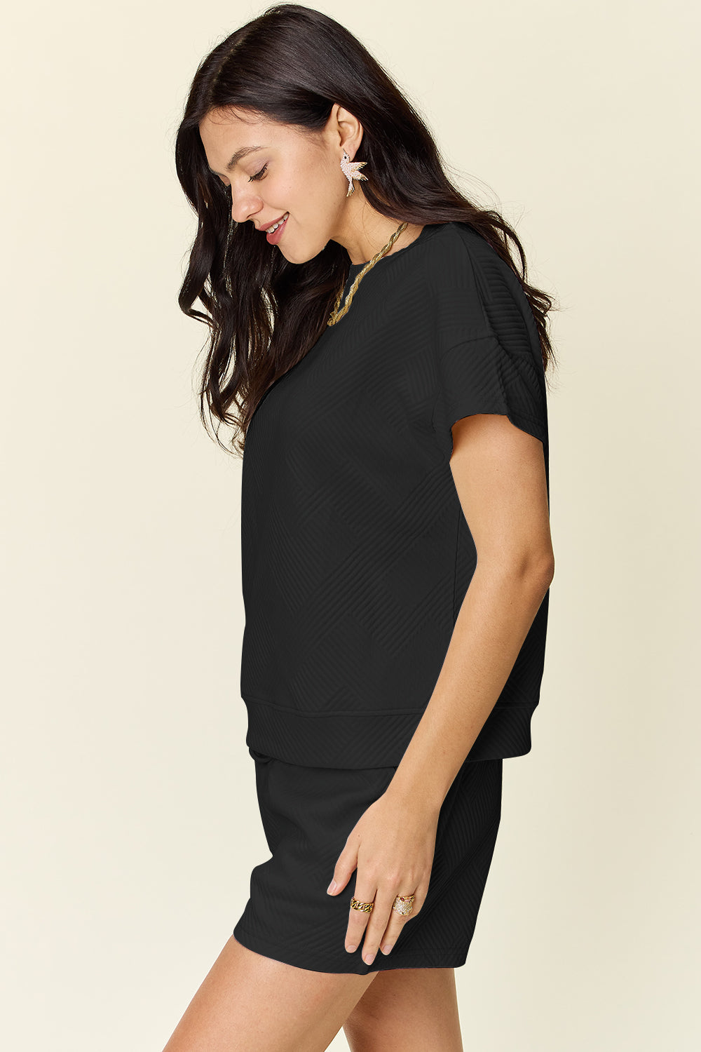 Double Take Full Size Texture Short Sleeve T-Shirt and Drawstring Shorts Set - ClassiQ