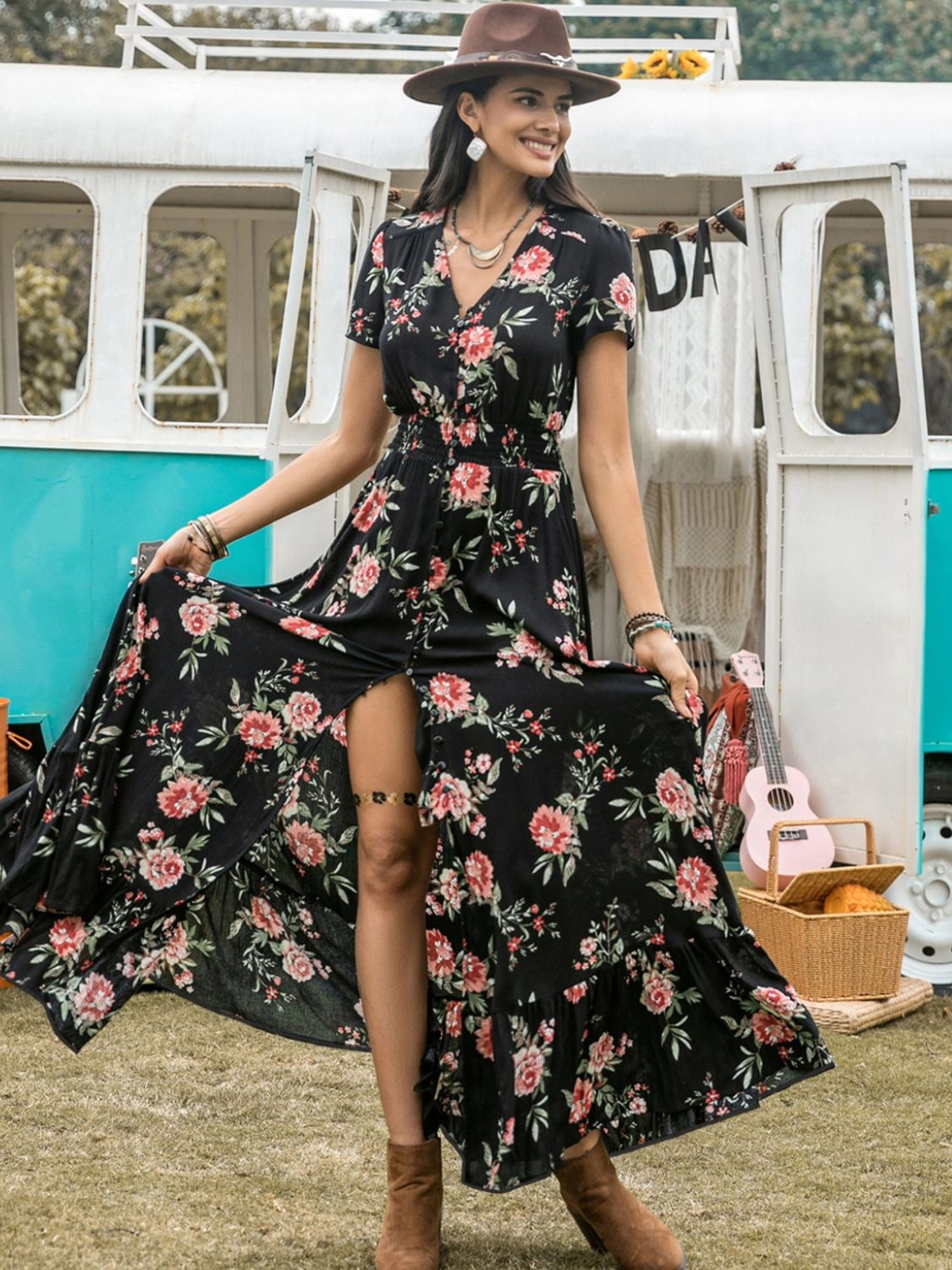Split Printed V-Neck Short Sleeve Dress - Classique Collection