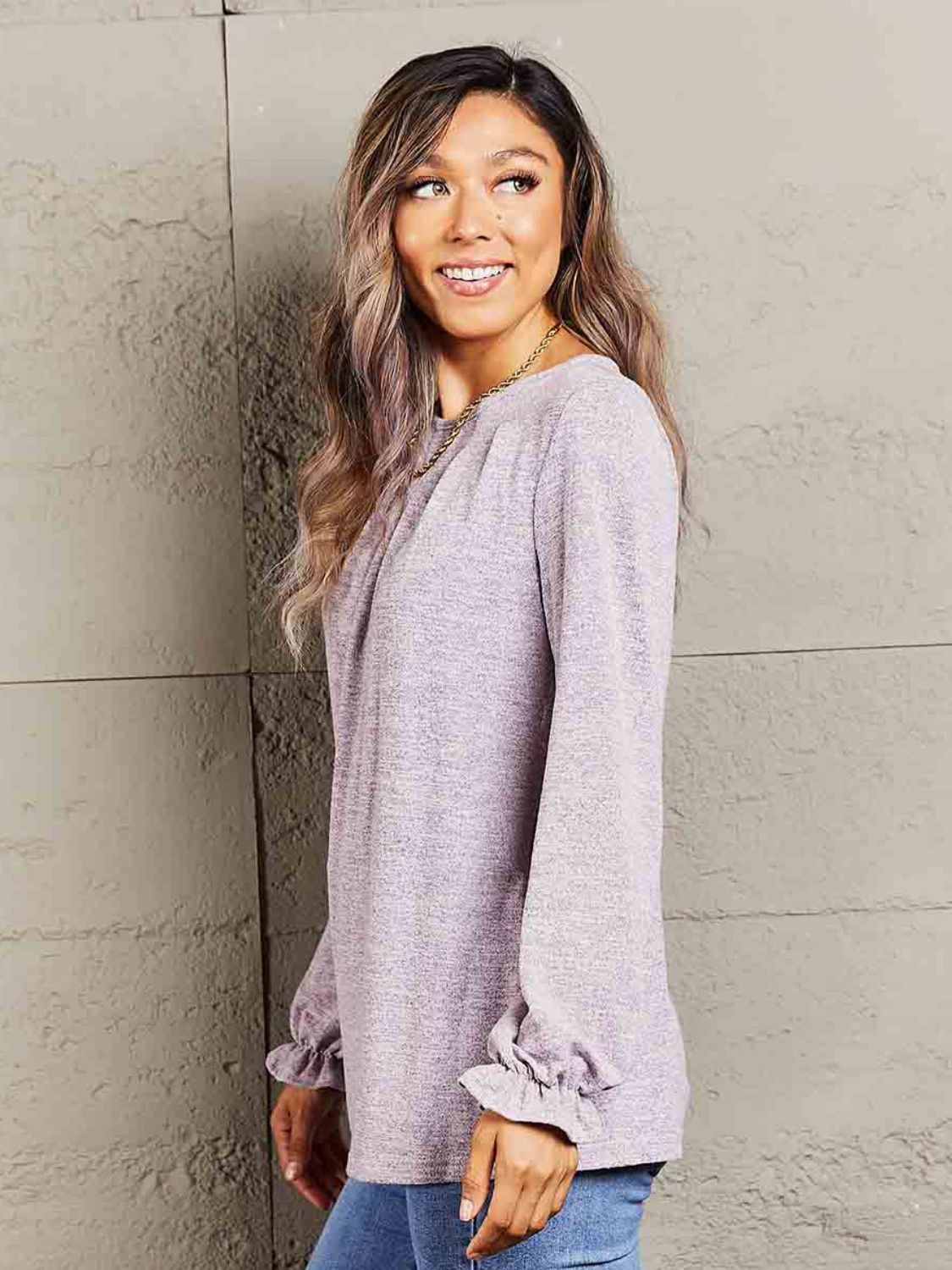 Mandy Long Flounce Sleeve Round Neck Blouse - Classique Collection