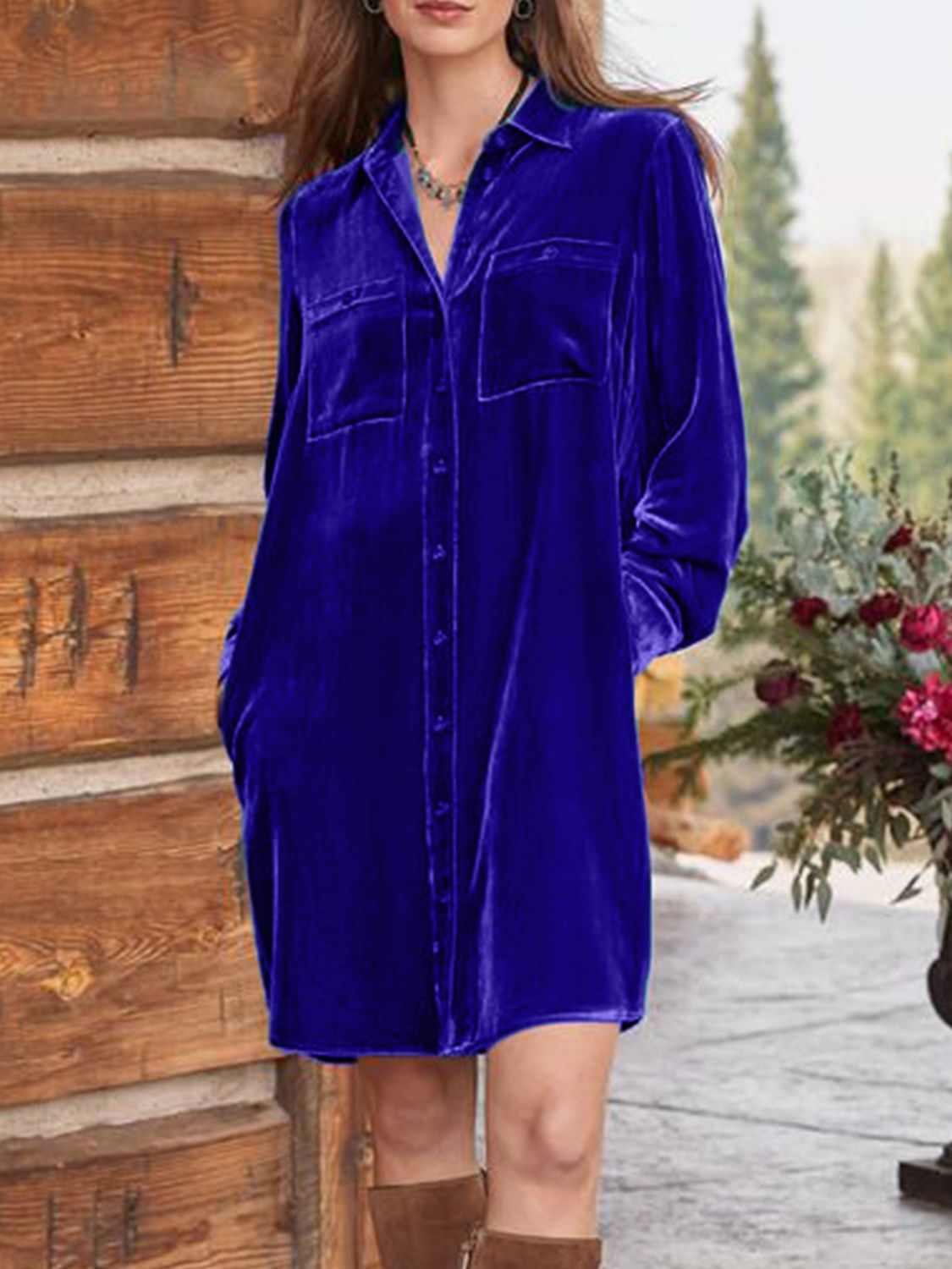 High-Low Button Up Long Sleeve Knee Length Dress - Classique Collection