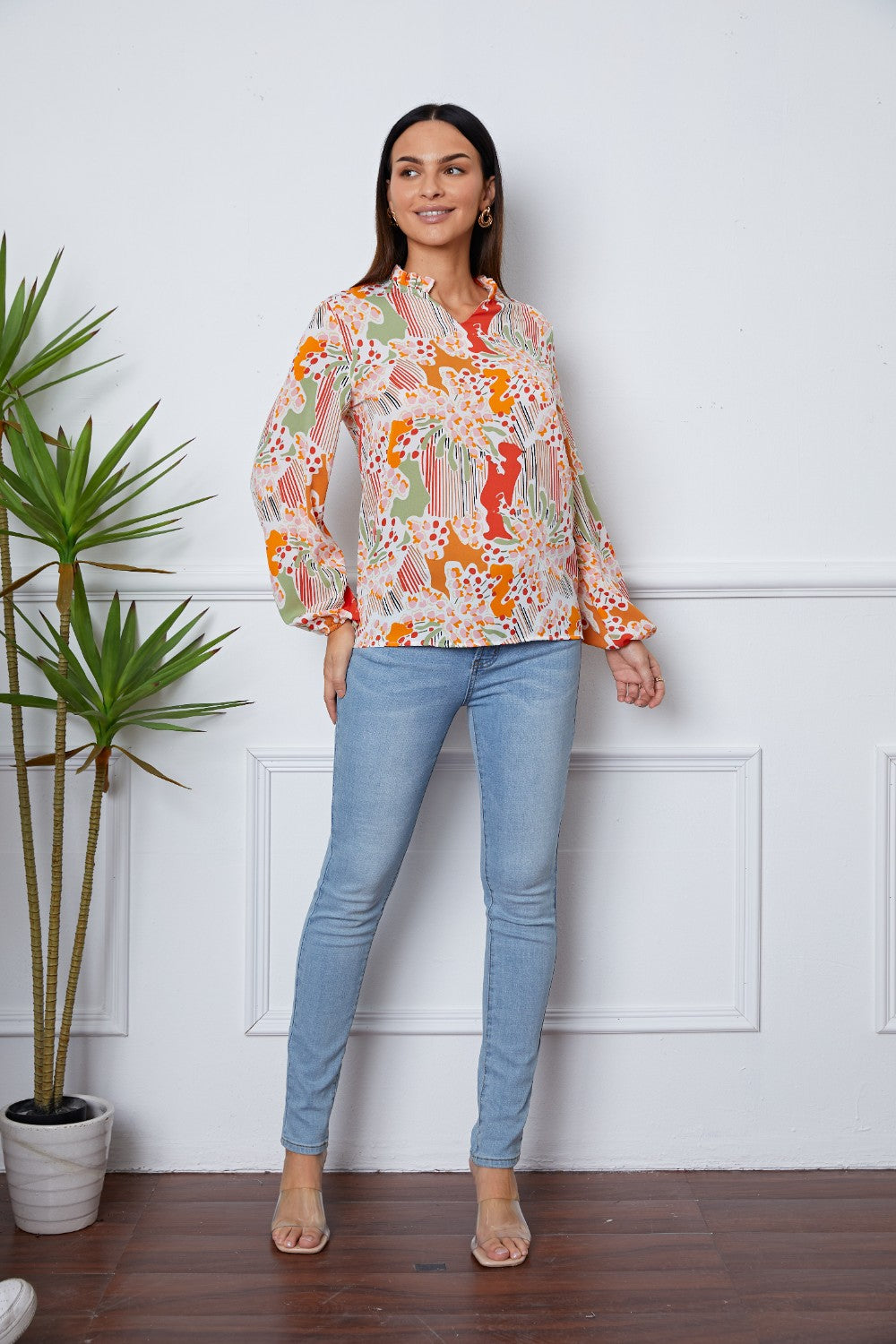 Floral Frill Notched Long Sleeve Blouse - Classique Collection