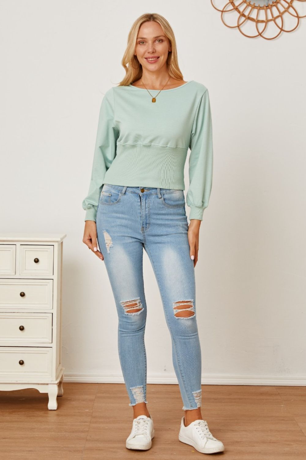 Boat Neck Lantern Sleeve Blouse - Classique Collection