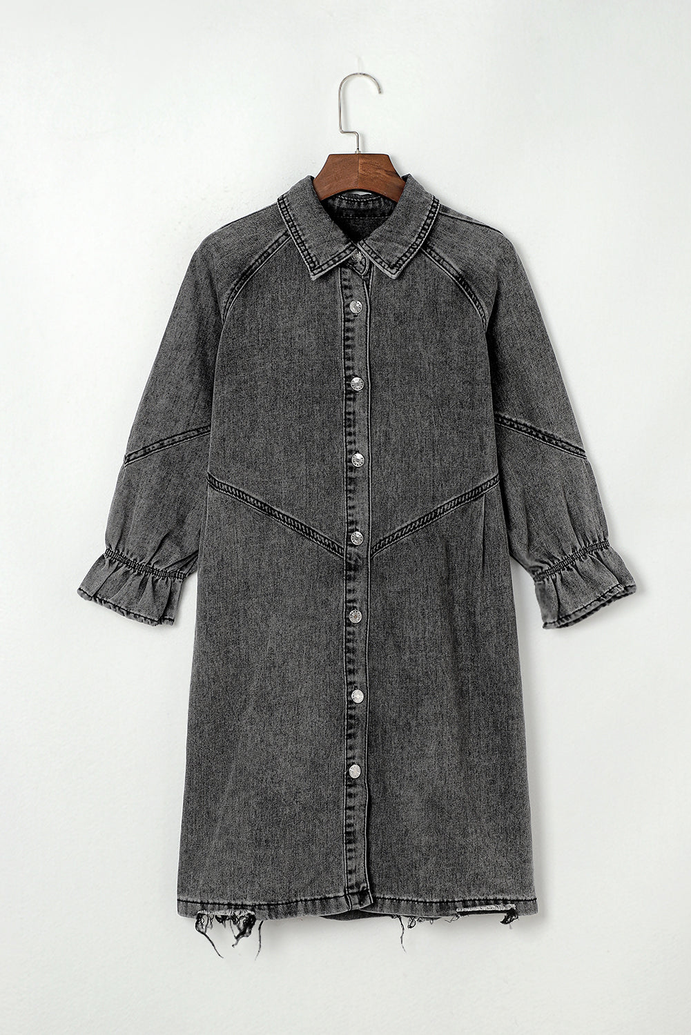 Distressed Collared Neck Flounce Sleeve Denim Dress - Classique Collection