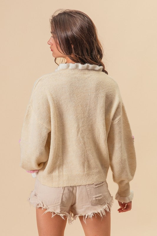 BiBi Ruffled Crochet Flower Dropped Shoulder Sweater - ClassiQ