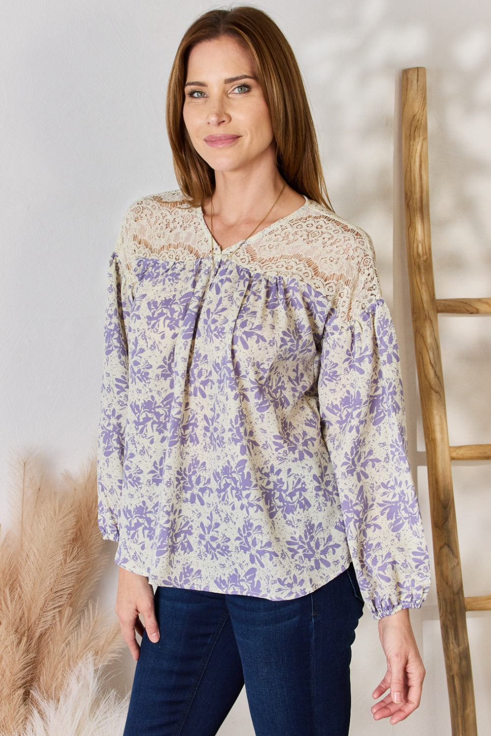 Hailey & Co Full Size Lace Detail Printed Blouse - Classique Collection