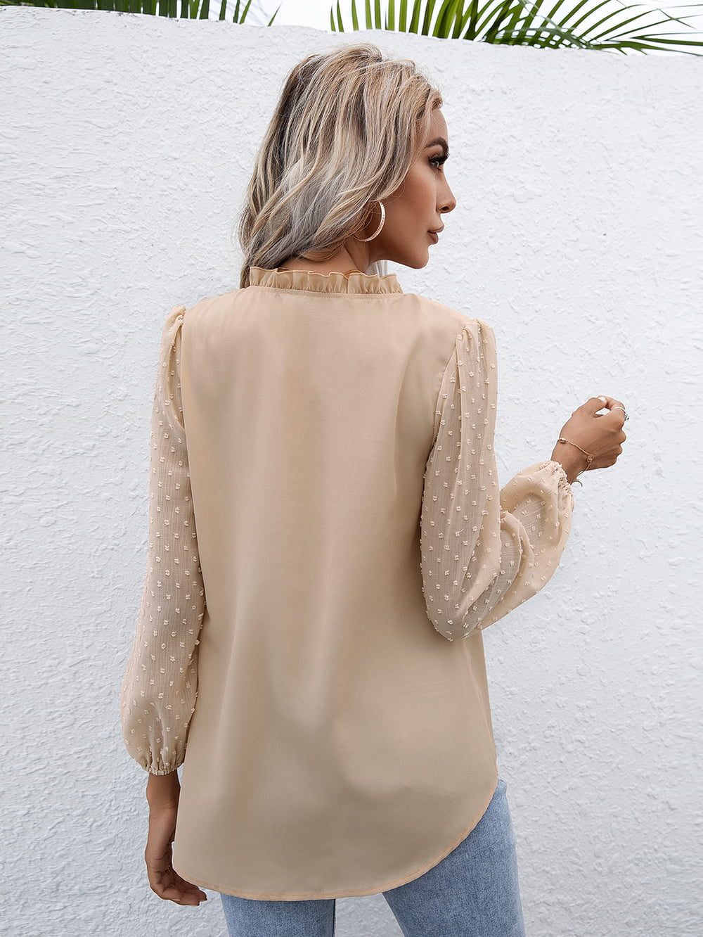 Ivy Lane Swiss Dot Frill Trim Puff Sleeve Blouse - Classique Collection