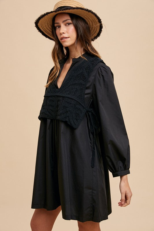 Annie Wear Crochet Vest Notched Long Sleeve Shirt Dress - ClassiQ