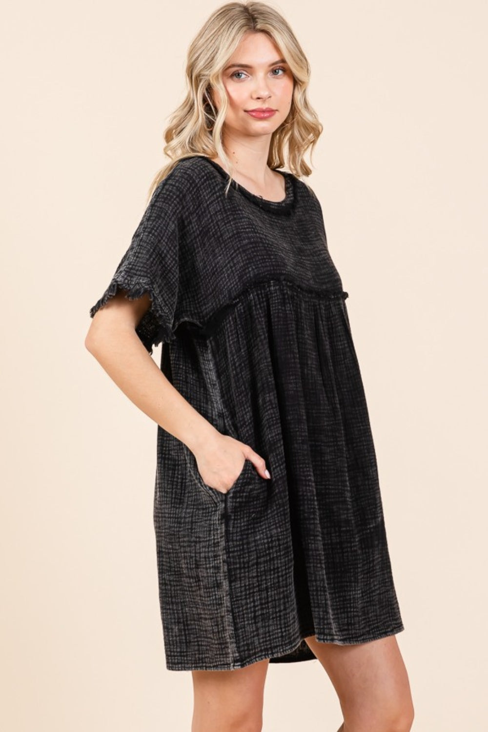 Culture Code Full Size Short Sleeve Babydoll Texture Dress with Pockets - Classique Collection