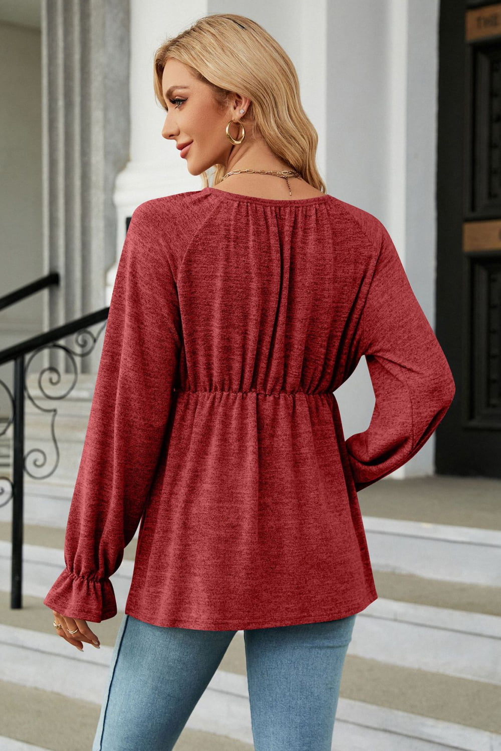 Round Neck Flounce Sleeve Blouse - Classique Collection