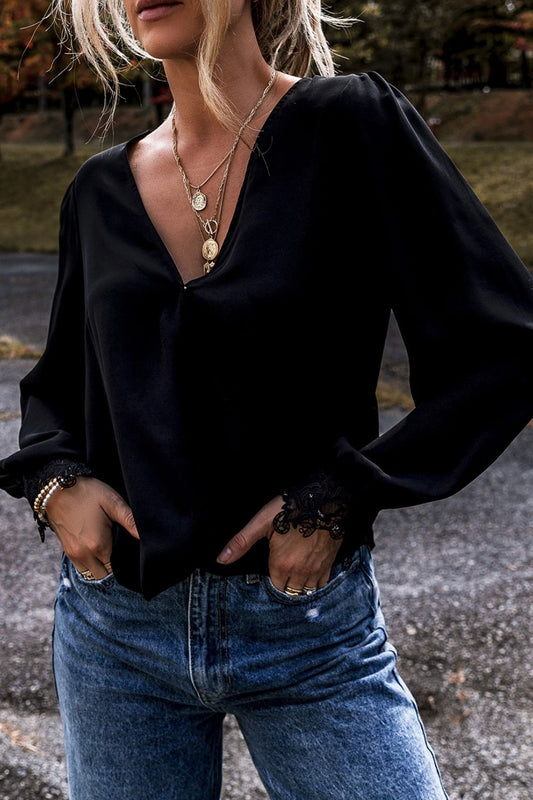 Lace Detail Surplice Long Sleeve Blouse - Classique Collection