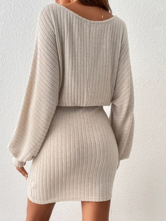 Round Neck Tie Waist Long Sleeve Mini Dress - Classique Collection