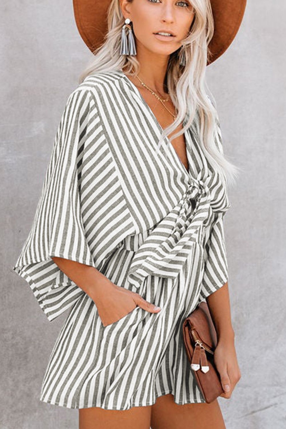 Bow Striped Kimono Sleeve Romper - ClassiQ