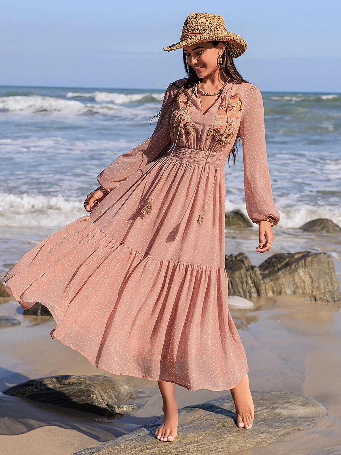 Embroidered Polka Dot Tie Neck Long Sleeve Midi Dress - Classique Collection