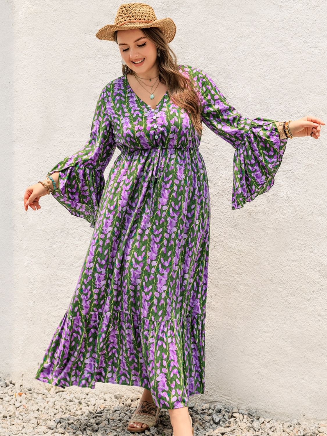 Plus Size Printed V-Neck Long Sleeve Maxi Dress - Classique Collection